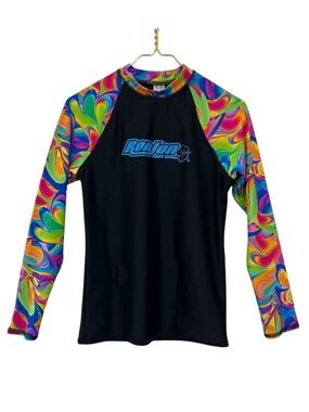 Ron Jon Surf Shop Black Rash Guard with Colorful Psychedelic Swirl Long Sleeves